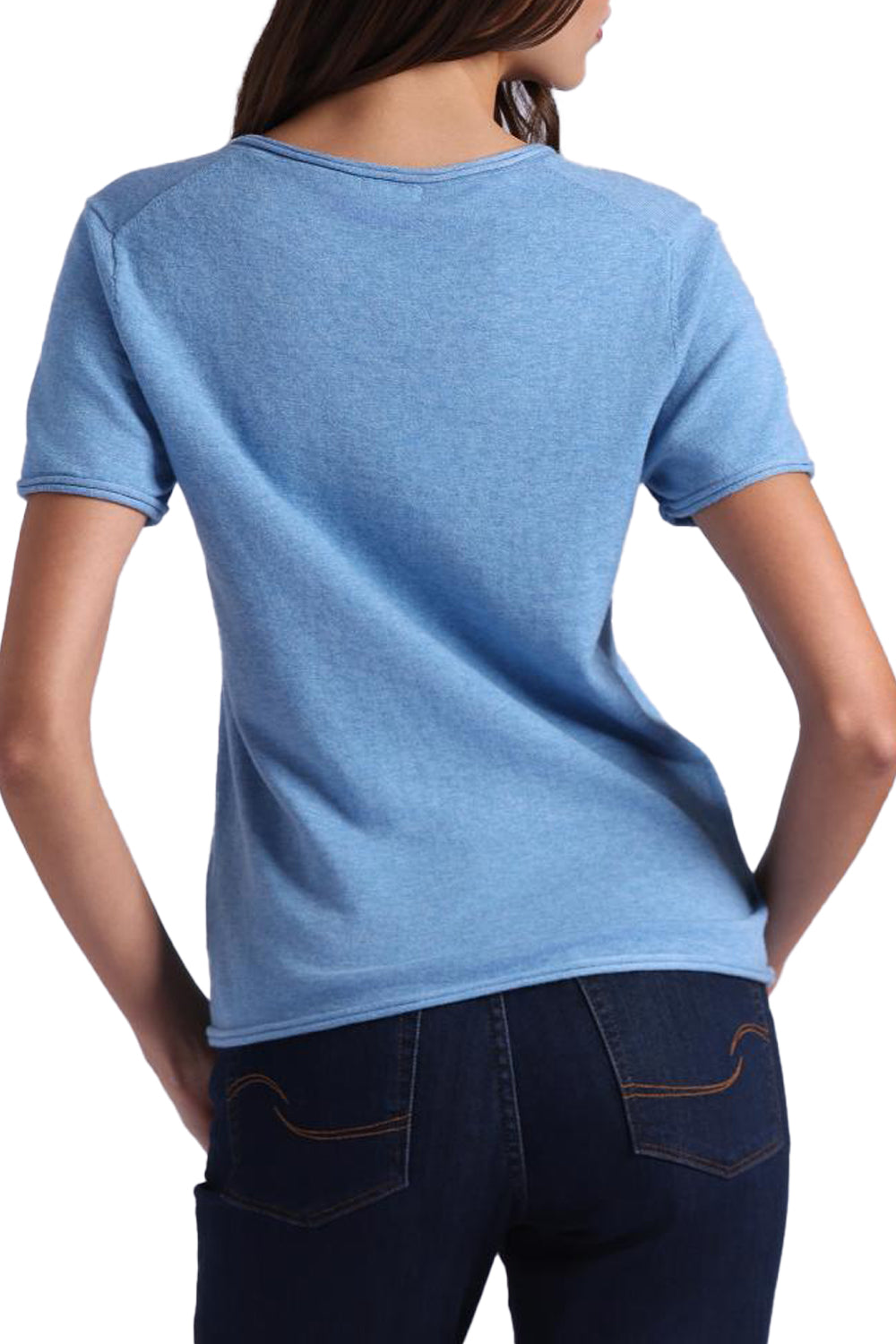 Short Sleeve V Neck Tee with Rolled Edges in Cameo Blue