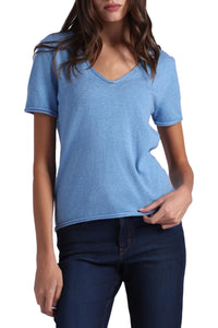 Short Sleeve V Neck Tee with Rolled Edges in Cameo Blue
