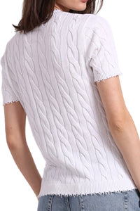 Cotton Frayed Cable Short Sleeve Tee with Pocket in White