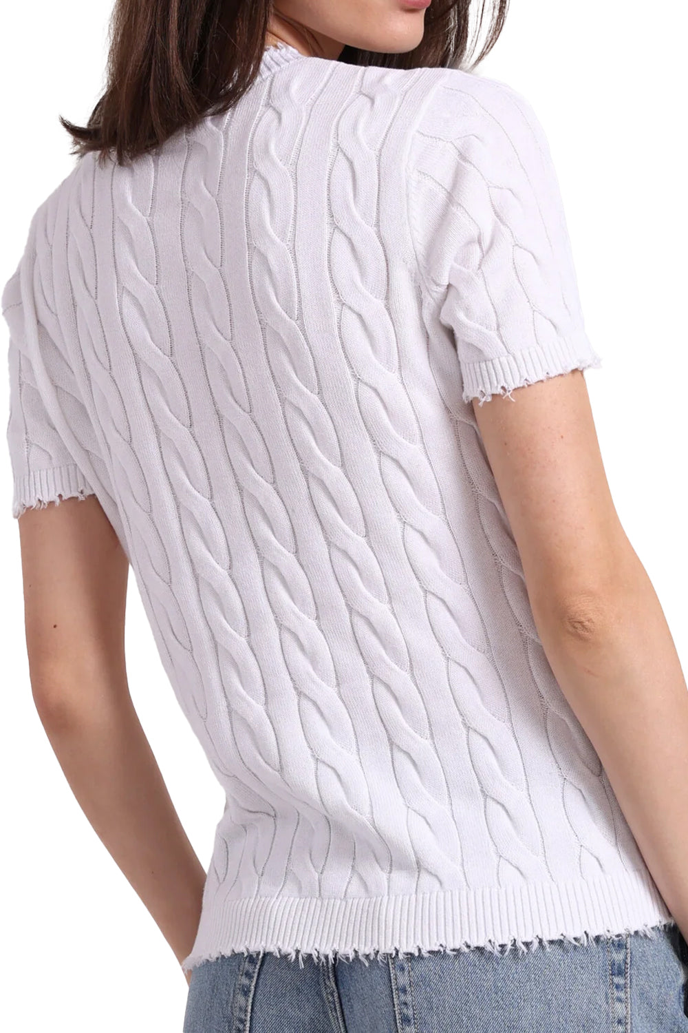 Cotton Frayed Cable Short Sleeve Tee with Pocket in White