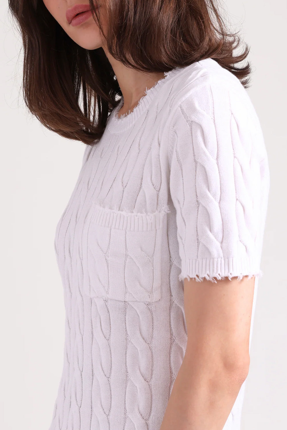 Cotton Frayed Cable Short Sleeve Tee with Pocket in White
