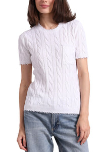 Cotton Frayed Cable Short Sleeve Tee with Pocket in White
