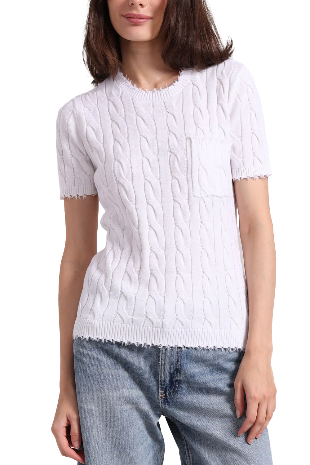 Cotton Frayed Cable Short Sleeve Tee with Pocket in White