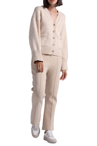 Luxe Cotton Blend V Neck Cardigan in Wheat