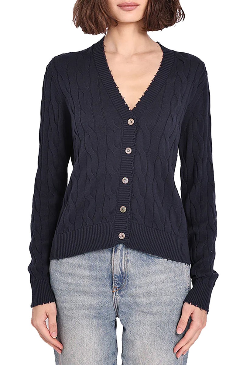 Cotton Frayed Cable Cardigan in Navy