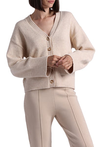 Luxe Cotton Blend V Neck Cardigan in Wheat