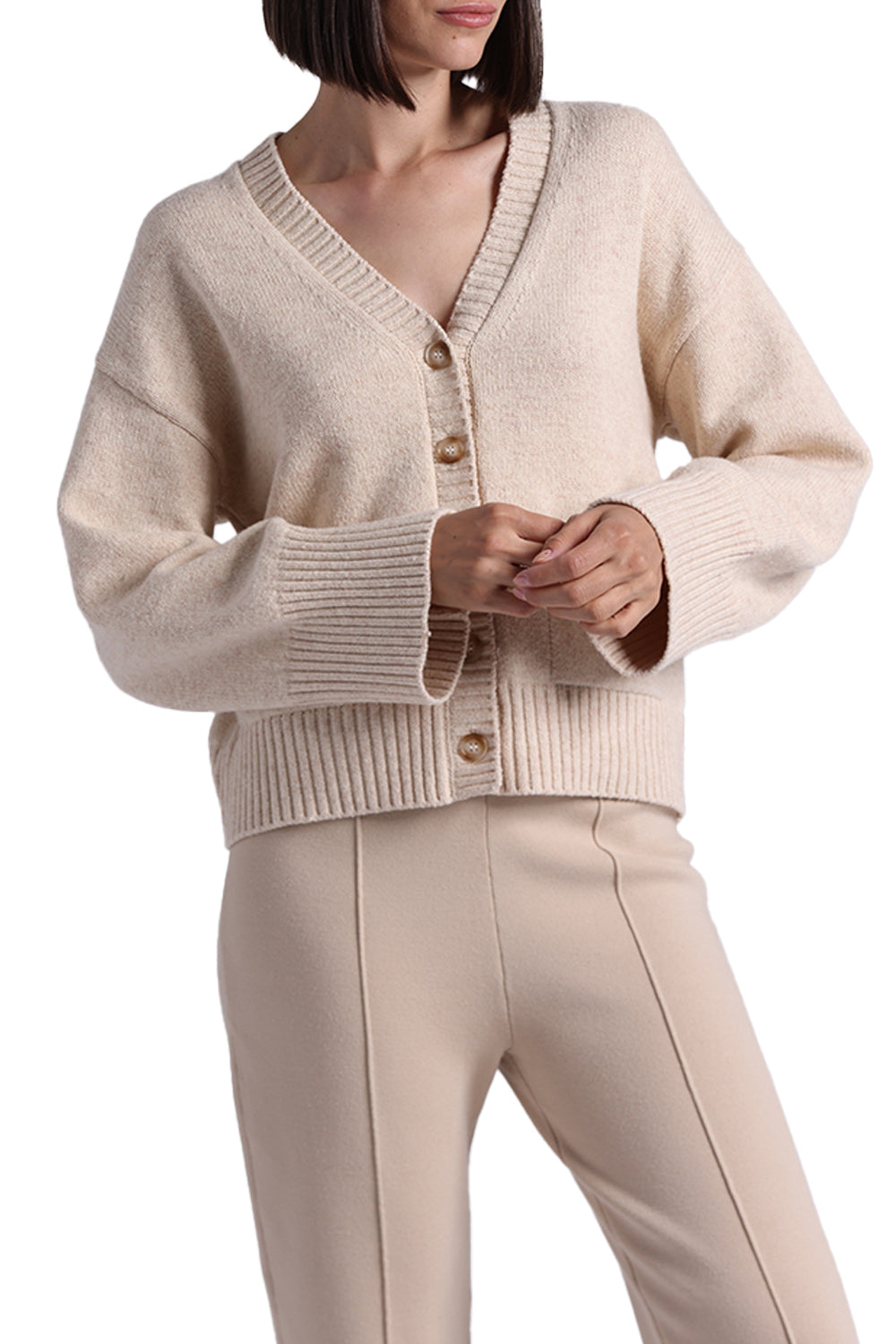 Luxe Cotton Blend V Neck Cardigan in Wheat