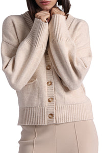 Luxe Cotton Blend V Neck Cardigan in Wheat