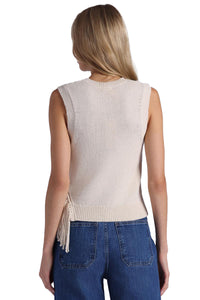 Textured Sleeveless Crew with Fringe in Vanilla