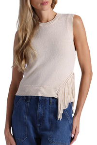 Textured Sleeveless Crew with Fringe in Vanilla
