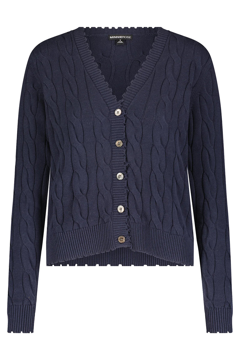 Cotton Frayed Cable Cardigan in Navy