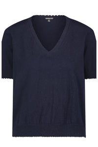 Cotton Cashmere Frayed V Tee in Navy