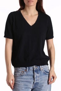 Cotton Cashmere Frayed V Tee in Navy