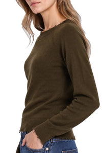 Cotton Cashmere Frayed Edge Crew in Army