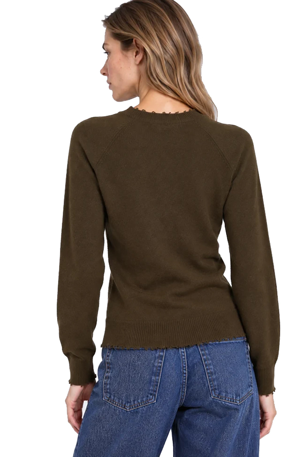 Cotton Cashmere Frayed Edge Crew in Army