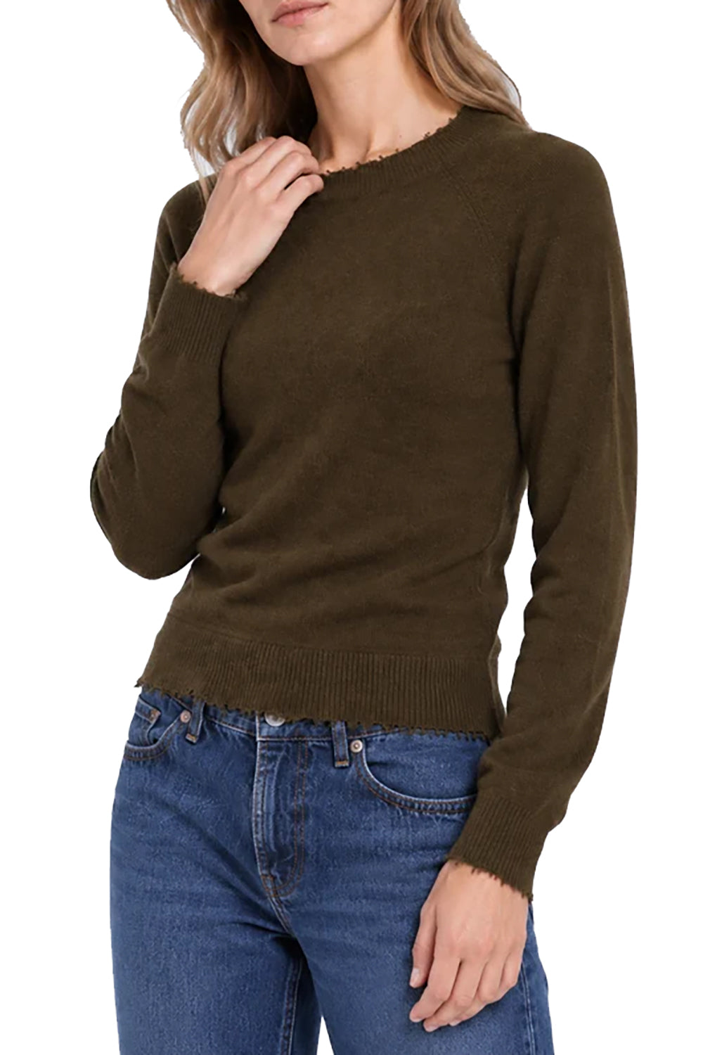 Cotton Cashmere Frayed Edge Crew in Army