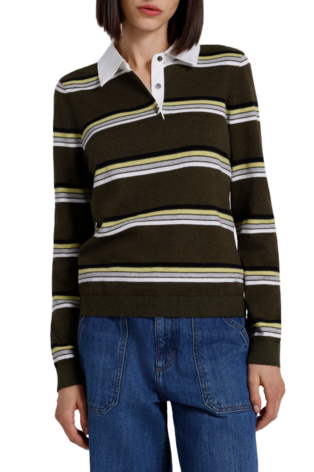 Long Sleeve Stripped with Woven Collar in Army Combo