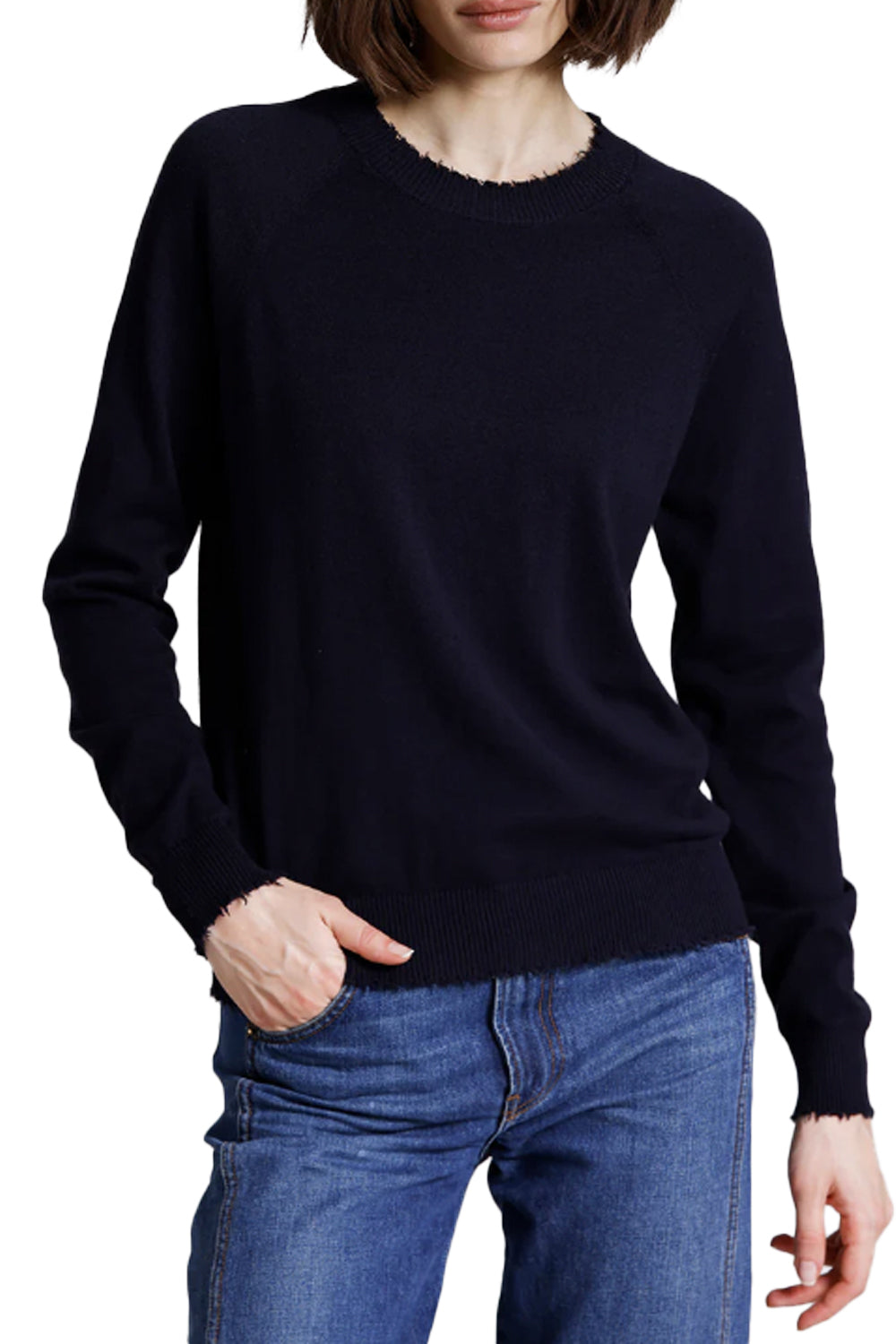 Cotton Cashmere Frayed Edge Crew in Navy