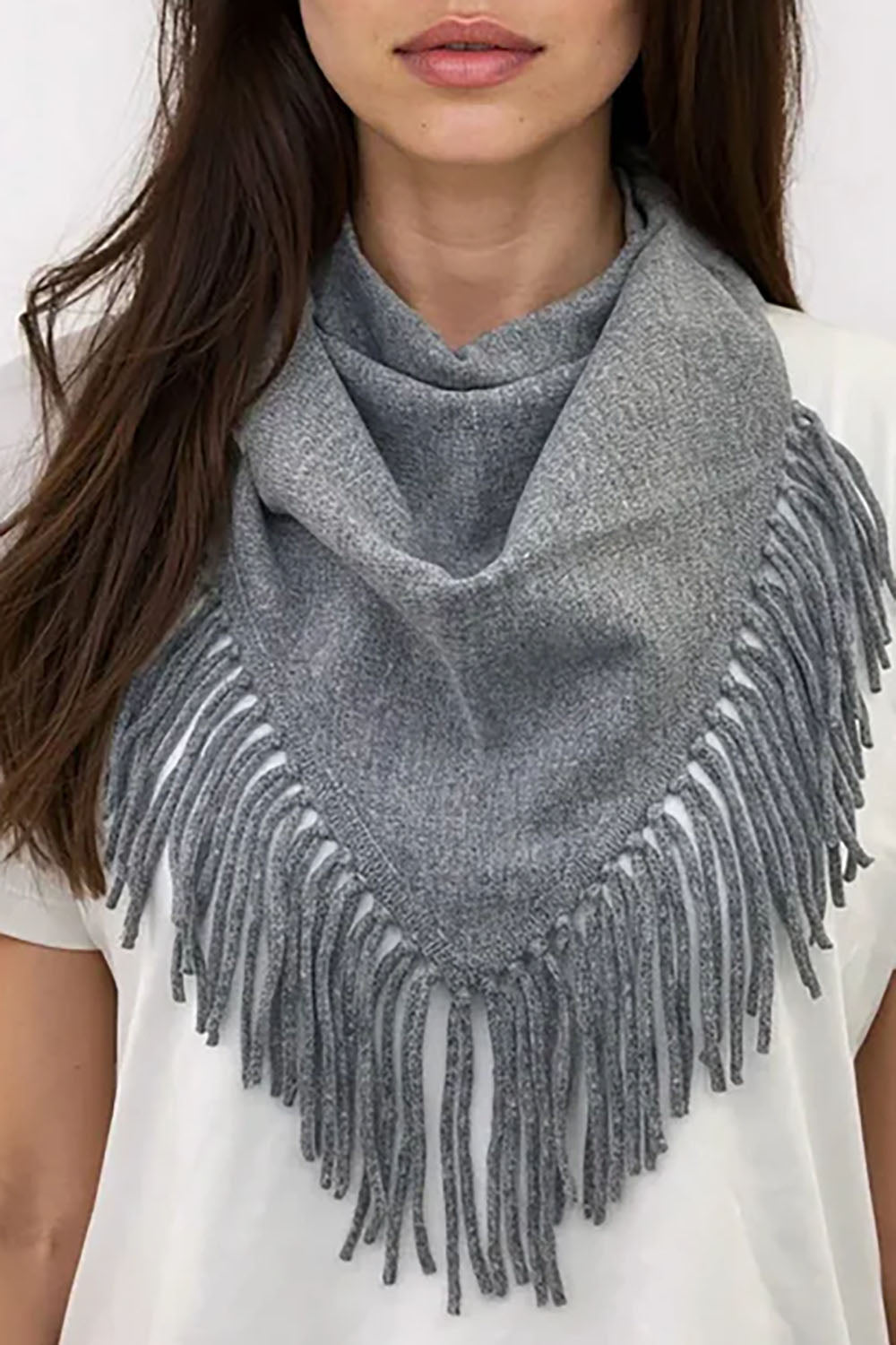Cashmere Neckerchief Scarf with Eyelash Fringe in Foxy Silver