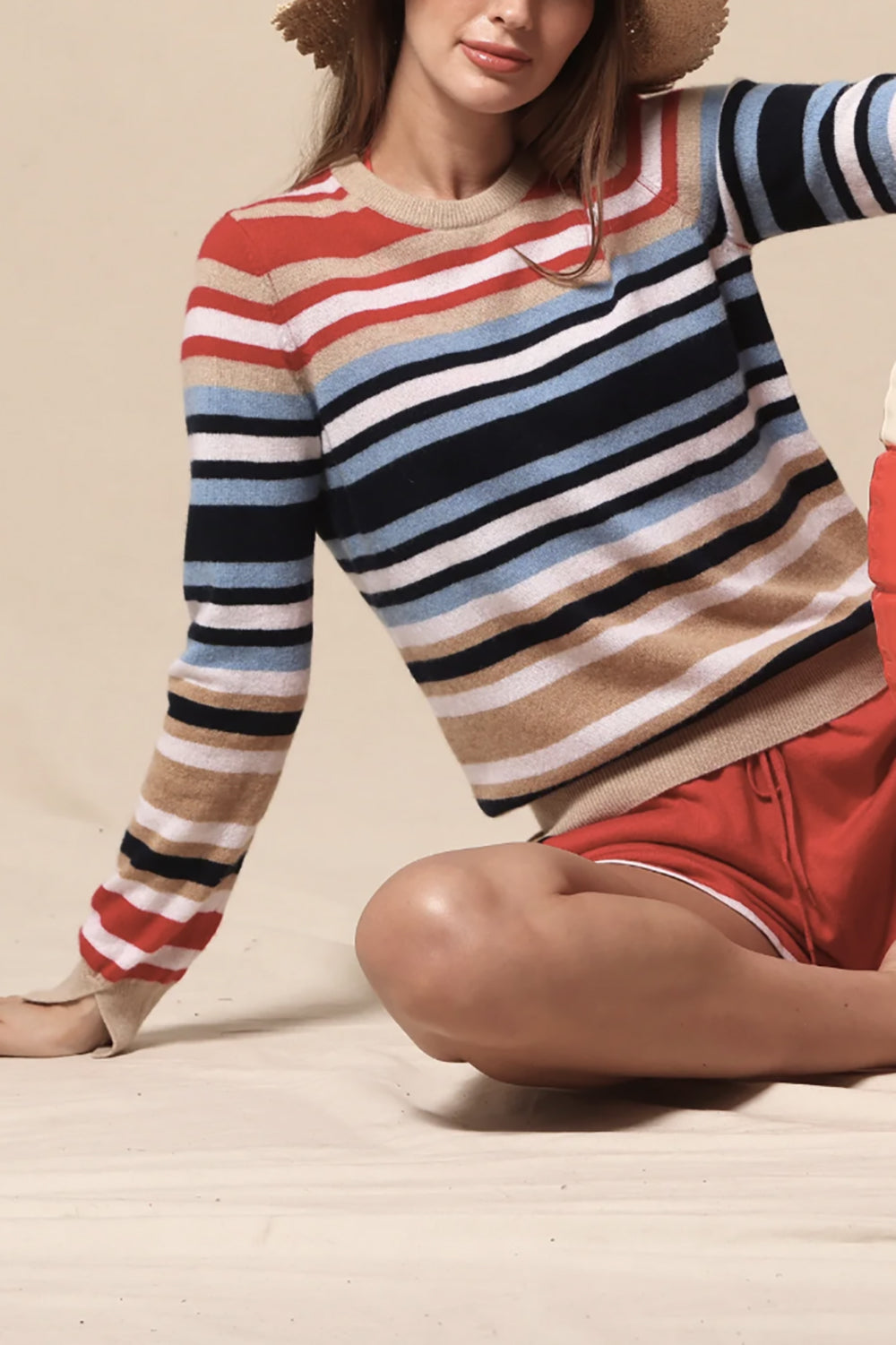 Cashmere Multi Striped Long Sleeve Crew Neck in Multi Stripe