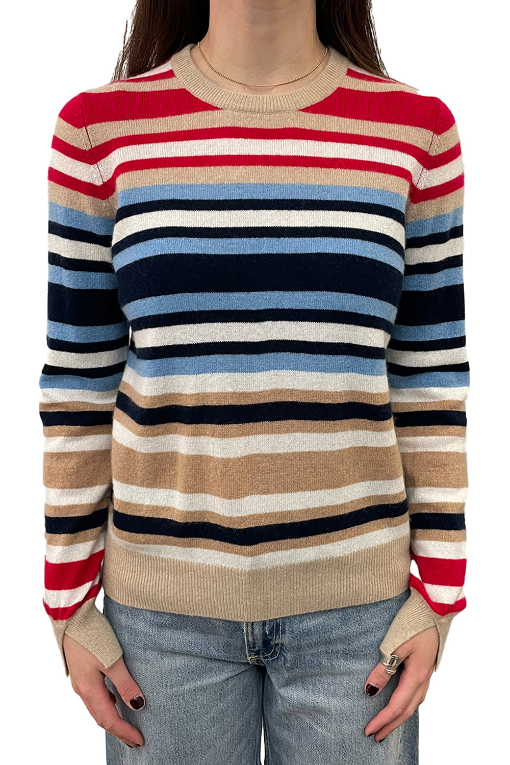 Cashmere Multi Striped Long Sleeve Crew Neck in Multi Stripe