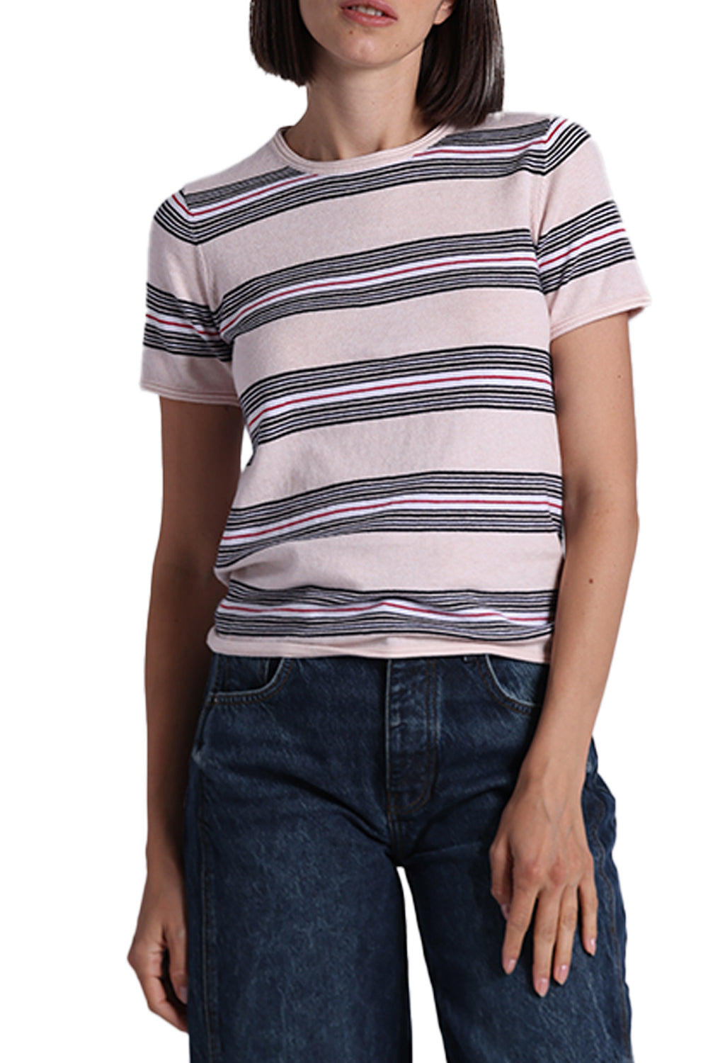Cotton Cashmere Striped Short Sleeve Crew in Lotus Combo