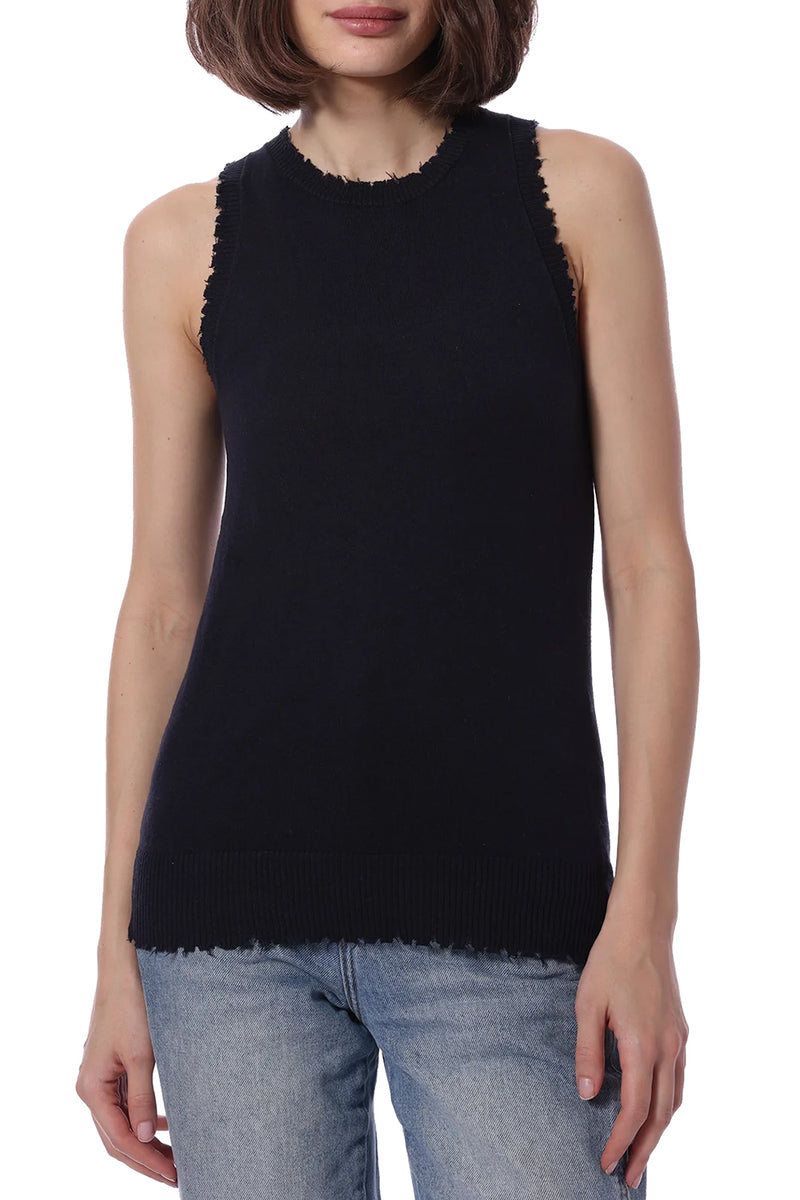 Cotton Cashmere Frayed Tank in Navy