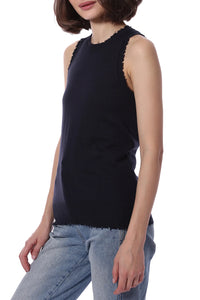 Cotton Cashmere Frayed Tank in Navy