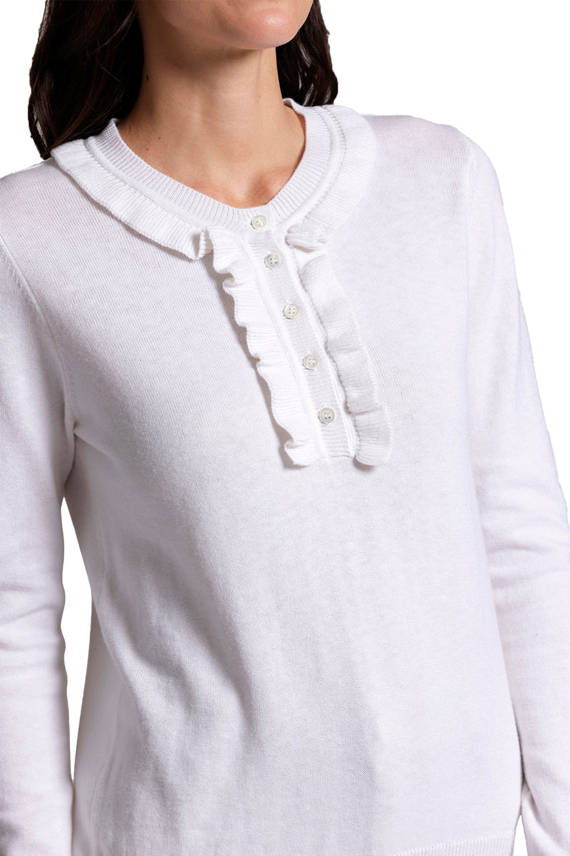 Cotton Cashmere Henley with Ruffles in White