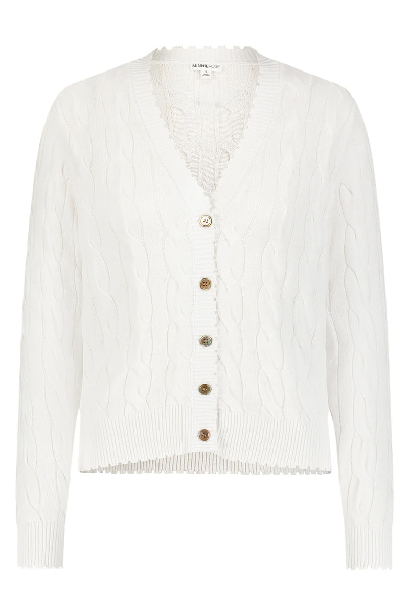 Cotton Frayed Cable Cardigan in White