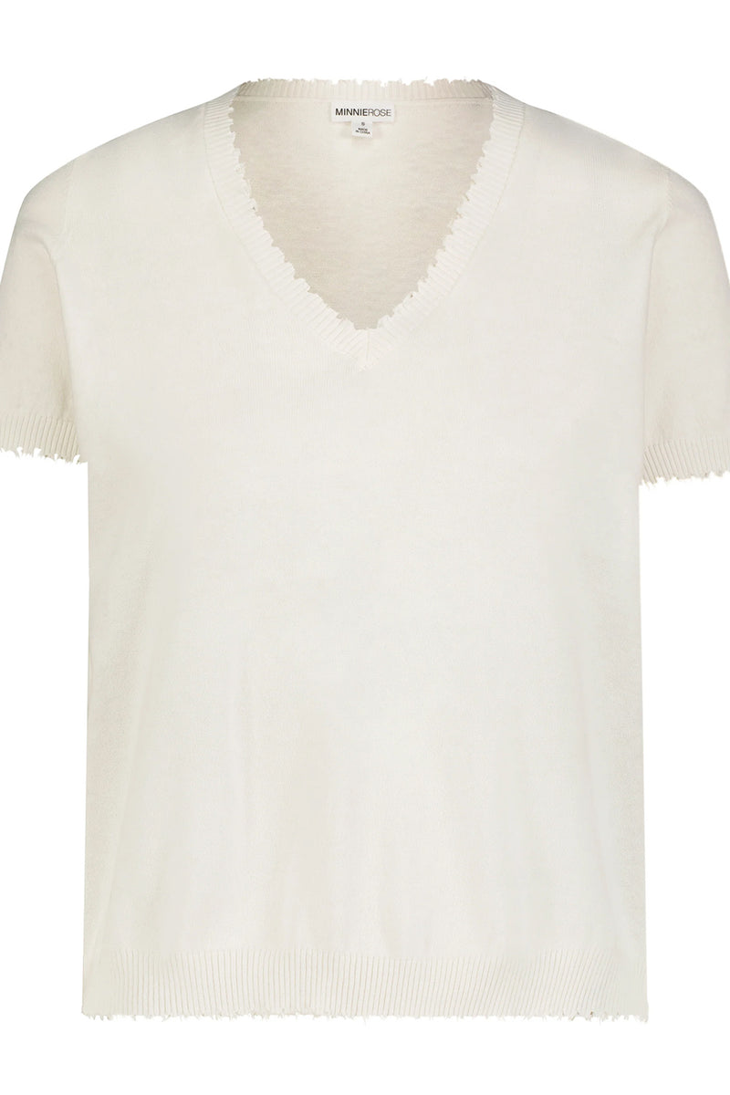 Cotton Cashmere Frayed V Tee in White