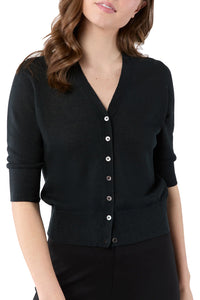 Short-Sleeved Rosie V-Neck Cardigan in Black Linen