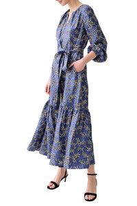 Aba Maxi Dress in Navy Blue Peony Buds Printed Silk Twill