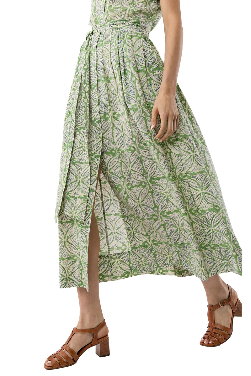 Short-Sleeved Classic Shirtwaist Maxi Dress in Green Blue Block Print