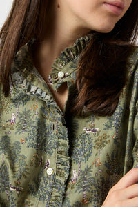 Elbow-Sleeve Frill Dress in Olive/Multi Forest Printed Twill