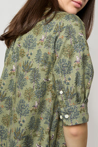 Elbow-Sleeve Frill Dress in Olive/Multi Forest Printed Twill