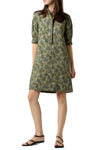 Elbow-Sleeve Frill Dress in Olive/Multi Forest Printed Twill