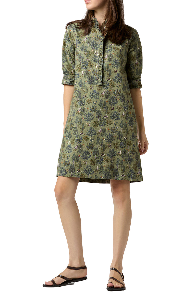 Elbow-Sleeve Frill Dress in Olive/Multi Forest Printed Twill