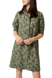 Elbow-Sleeve Frill Dress in Olive/Multi Forest Printed Twill