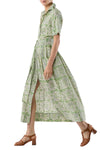 Short-Sleeved Classic Shirtwaist Maxi Dress in Green Blue Block Print