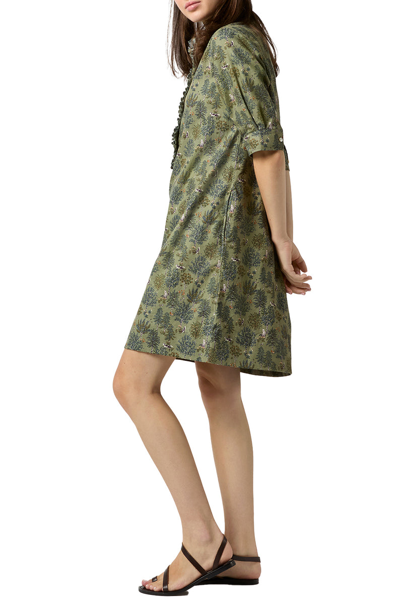 Elbow-Sleeve Frill Dress in Olive/Multi Forest Printed Twill