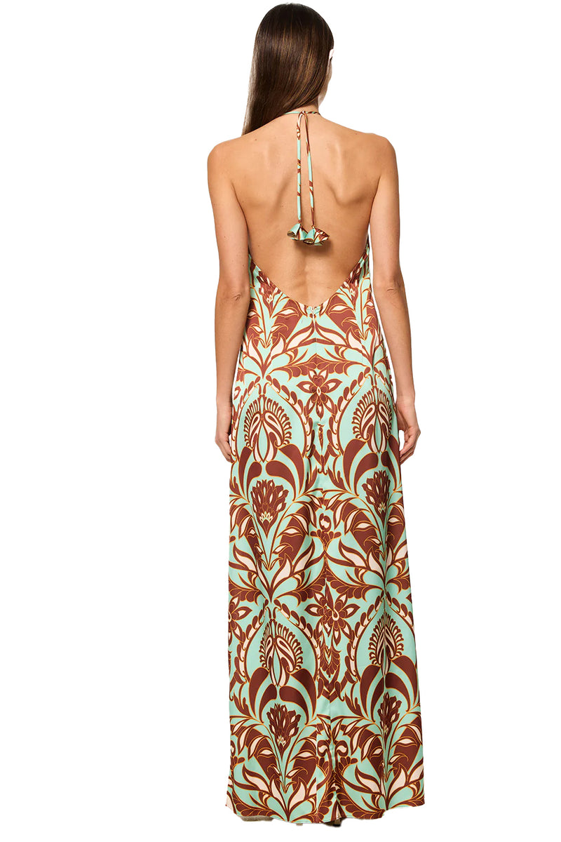Samantha Dress in Brown Vintage Botanical Satin