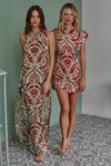 Samantha Dress in Brown Vintage Botanical Satin