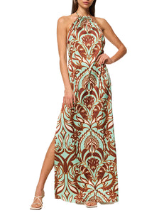 Samantha Dress in Brown Vintage Botanical Satin