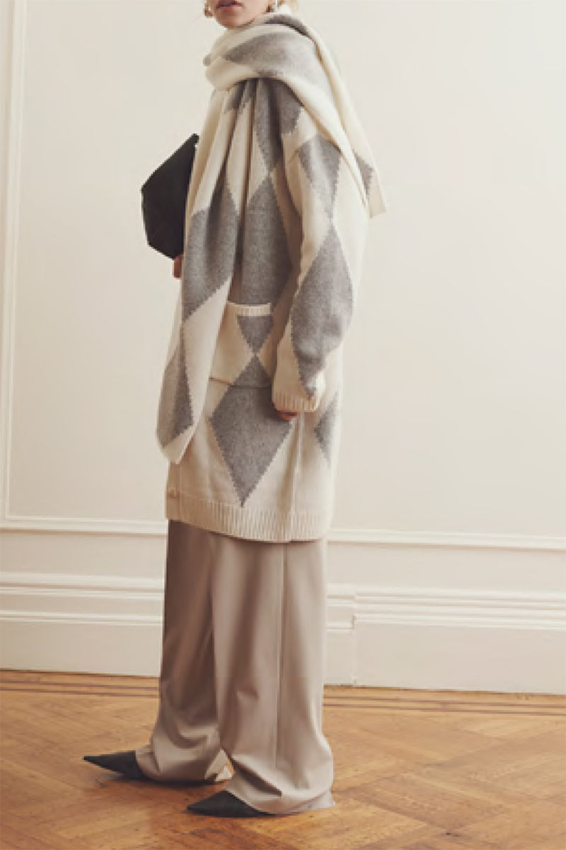 Luxe Cashmino Diamond Intarsia Kilo Coat in Cement Combo