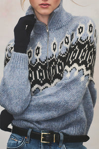 Lofty Alpaca Fair Isle Quarter Zip in Blue Combo