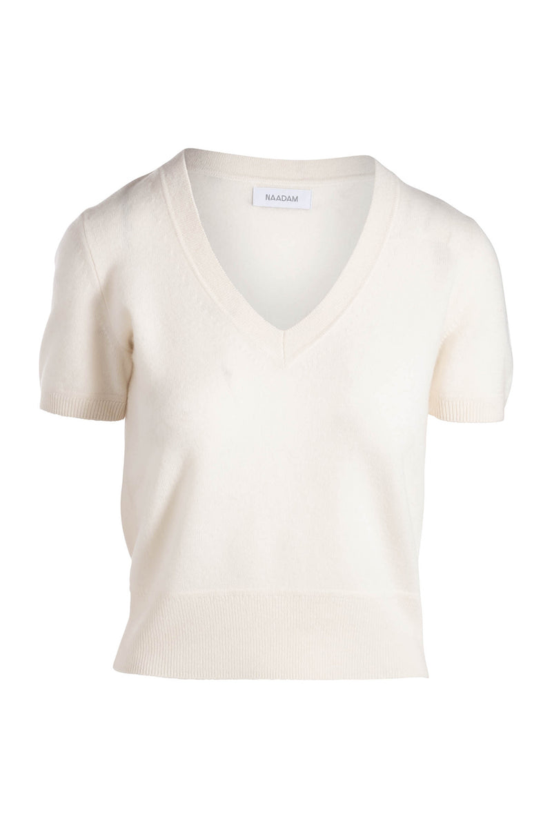 Cashmere Short Sleeve Cropped V-Neck Pullover in White