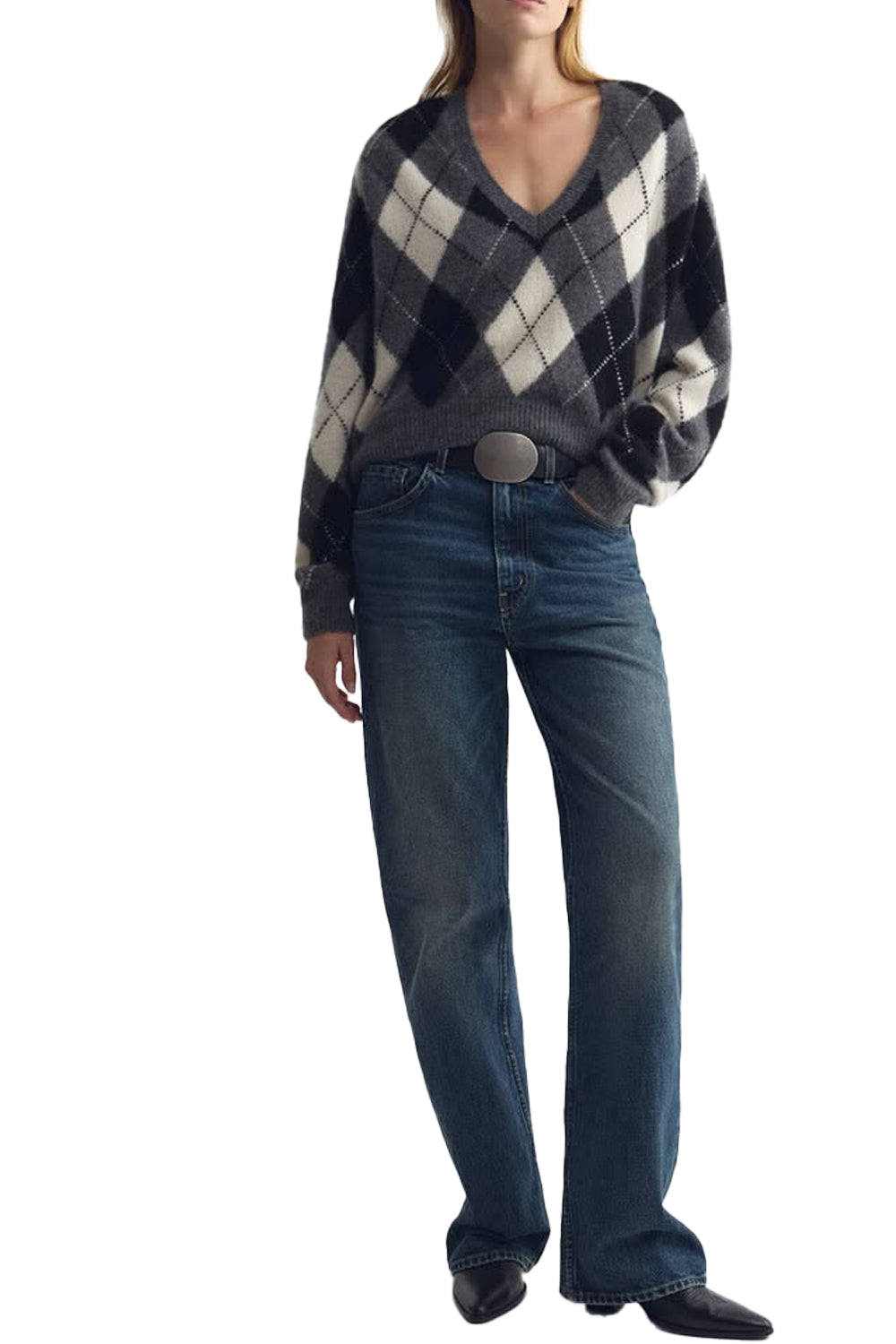 Feron Argyle Sweater in Grey Ivory Argyle