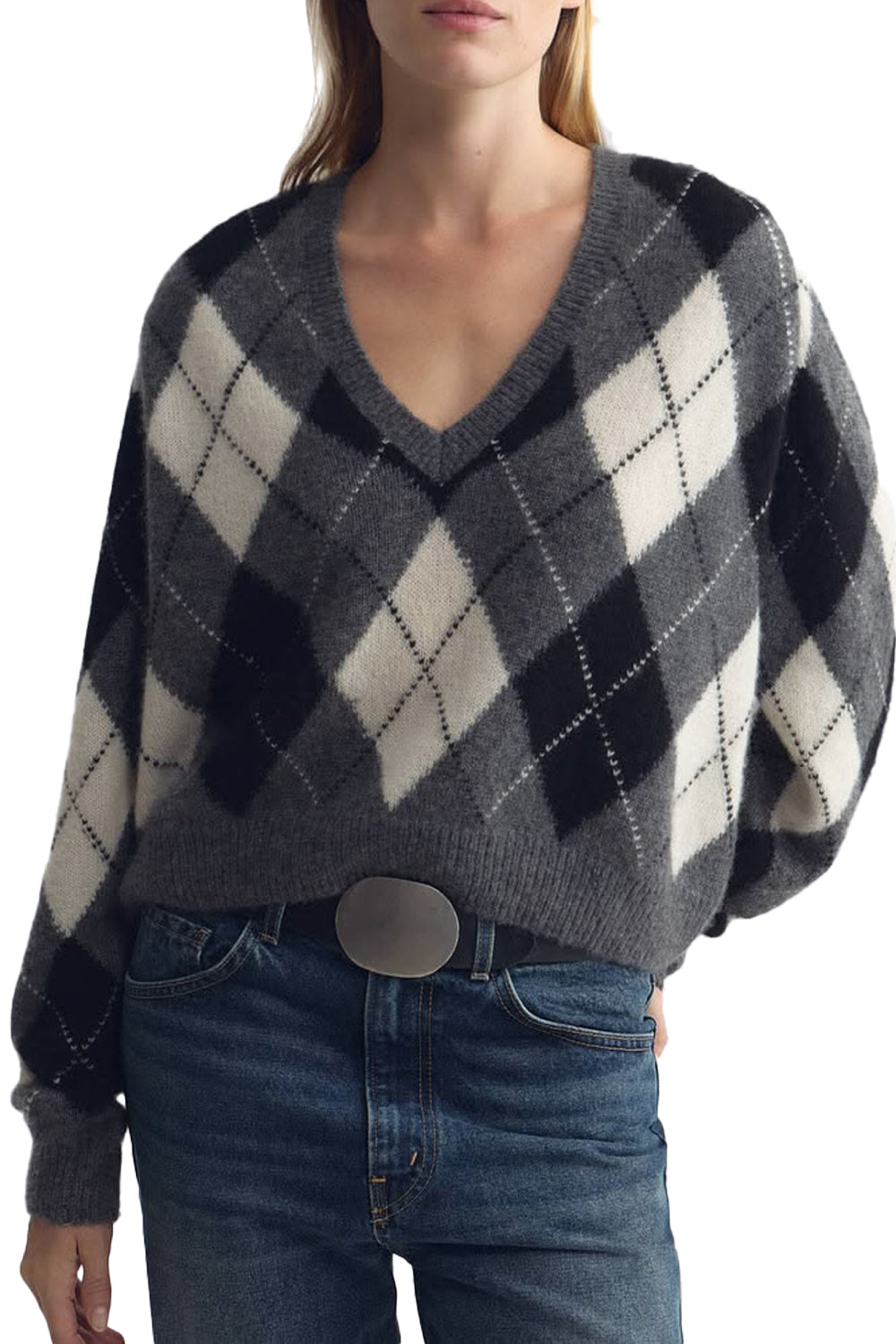 Feron Argyle Sweater in Grey Ivory Argyle