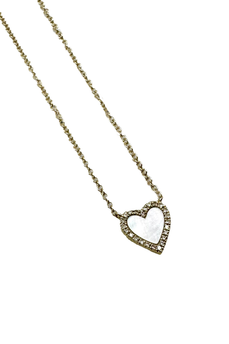 14K Yellow Gold Diamond Border Mother Of Pearl Heart Necklace